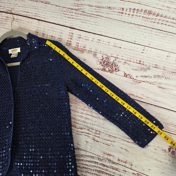 Talbots Hand Knit Sequin Cardigan S Navy Blue Silk Cotton Button Sparkle Sweater - Picture 11 of 12